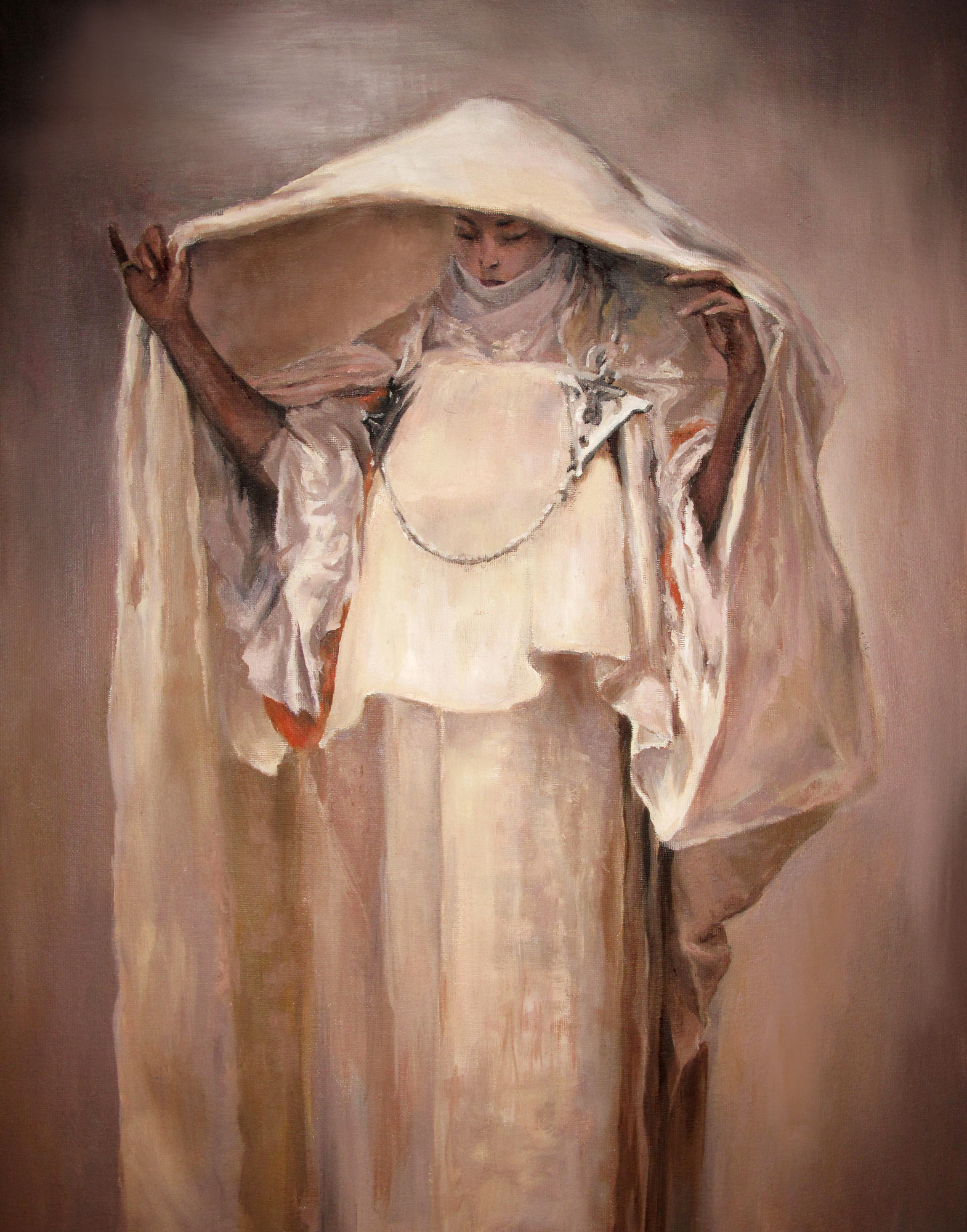 La Fume De Ambergris, moroccan figure in white robe lifting veil over face, soft neutral background, 2017 oil painting on canvas by Laura L. Krusemark