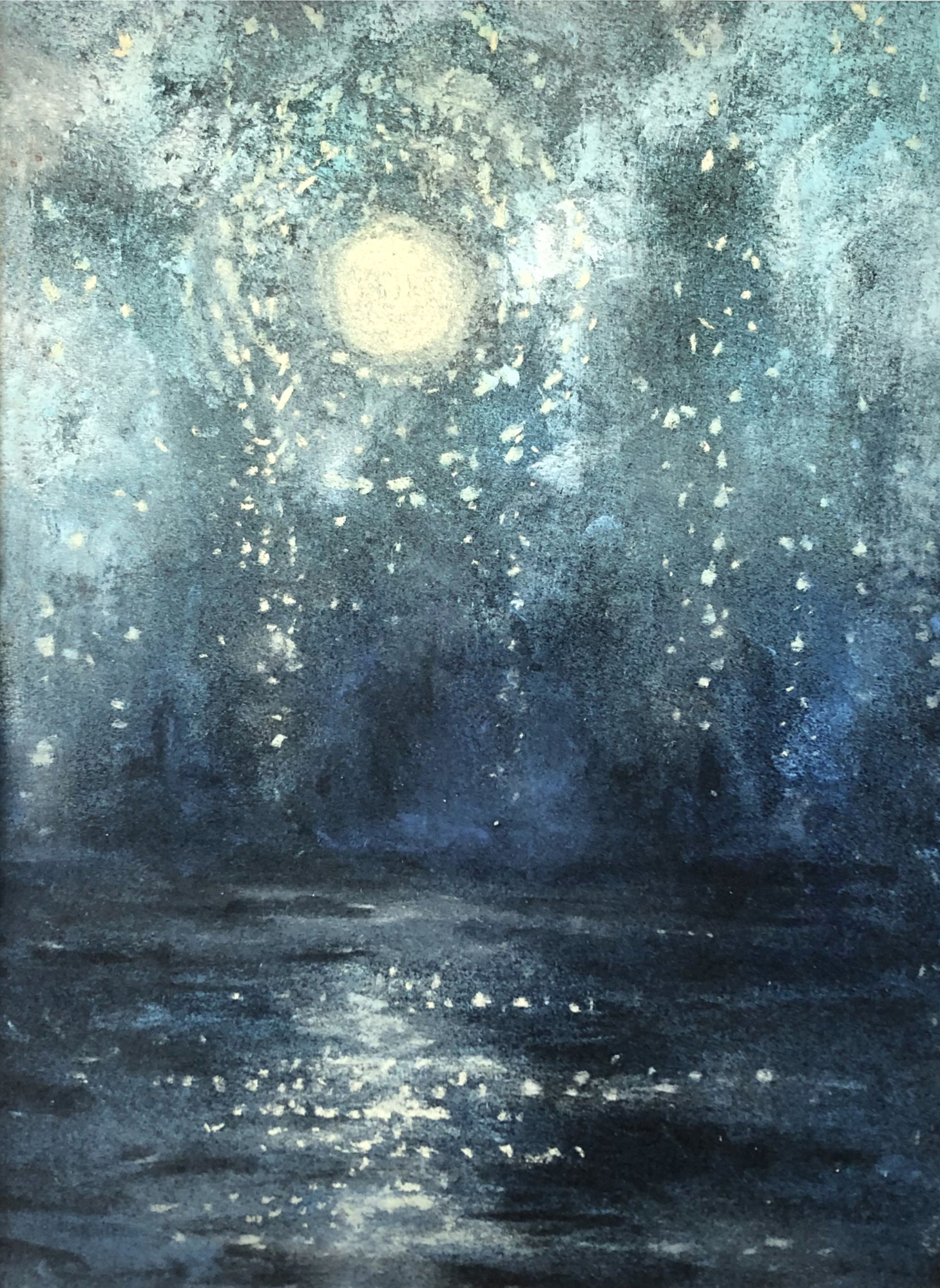 Full Moon Blessings, full moon over water with reflections, blue night sky with light particles, 2019 pastel painting on paper by Laura L. Krusemark