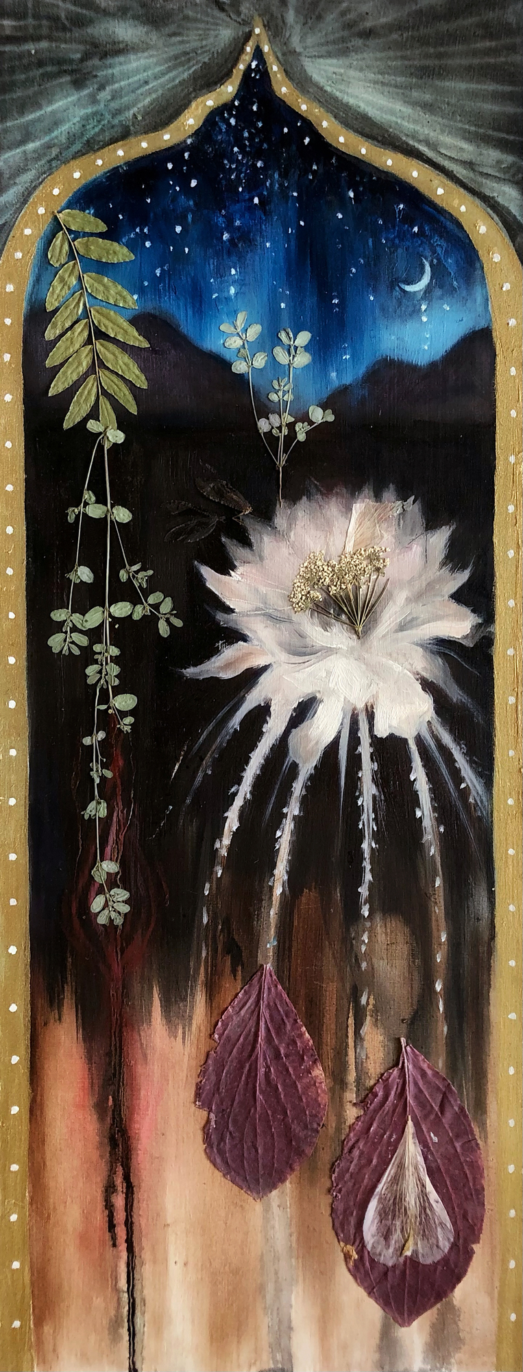 Inanna - Queen of the Night, large white flower with leaves under night sky, arch frame with stars, 2021 oil painting on wood panel by Laura L. Krusemark