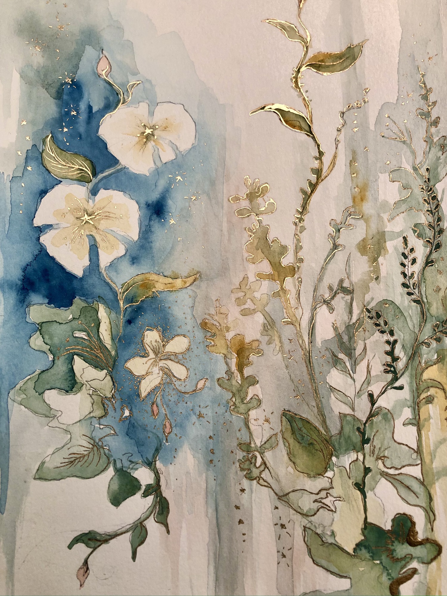 Anahita's Garden, botanical composition with white flowers and green stems, soft watercolor background, 2021 watercolor painting on paper by Laura L. Krusemark