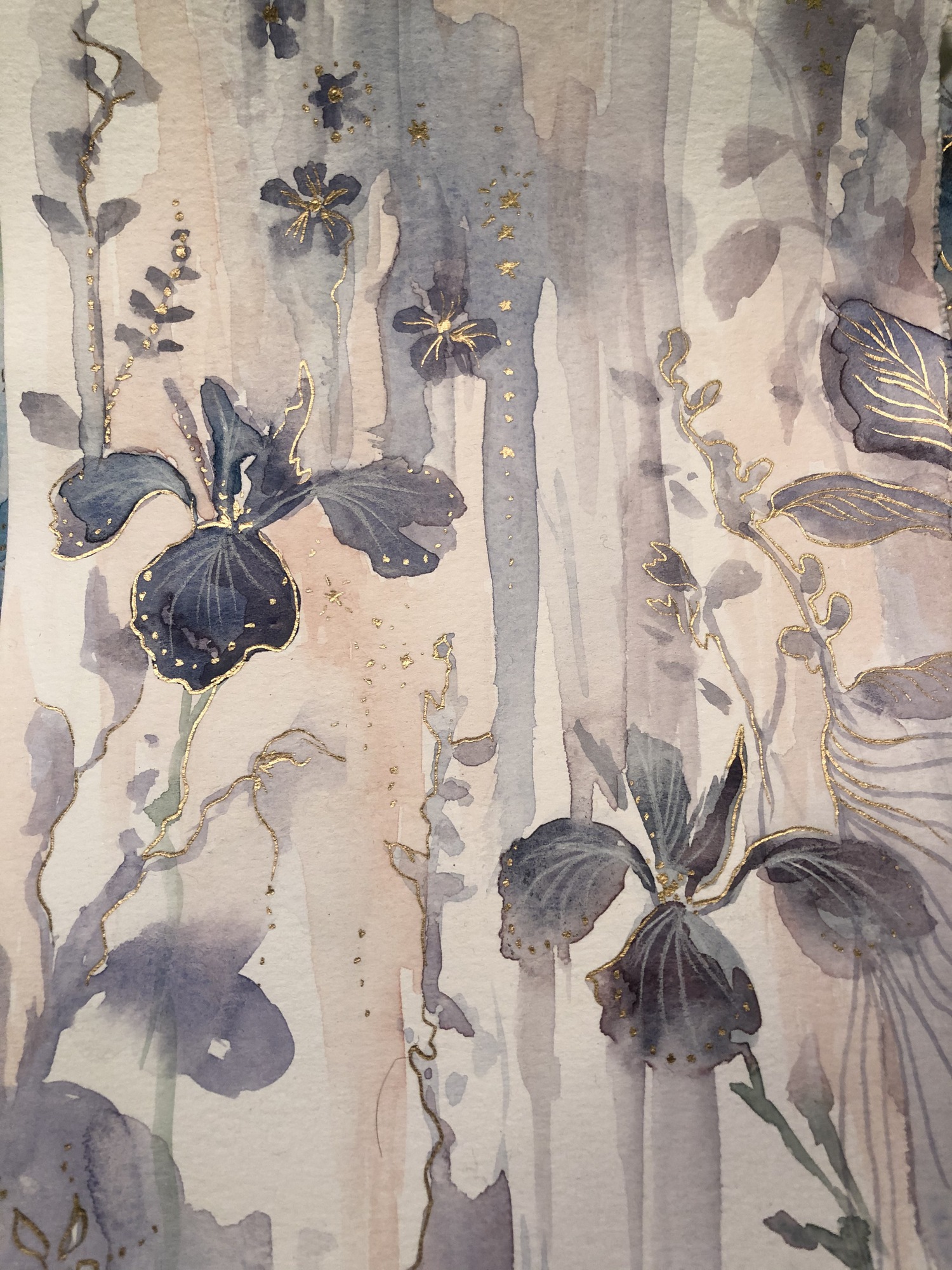 Iris, botanical flowers with gold details, soft muted tones and vertical composition, 2021 watercolor painting on paper by Laura L. Krusemark