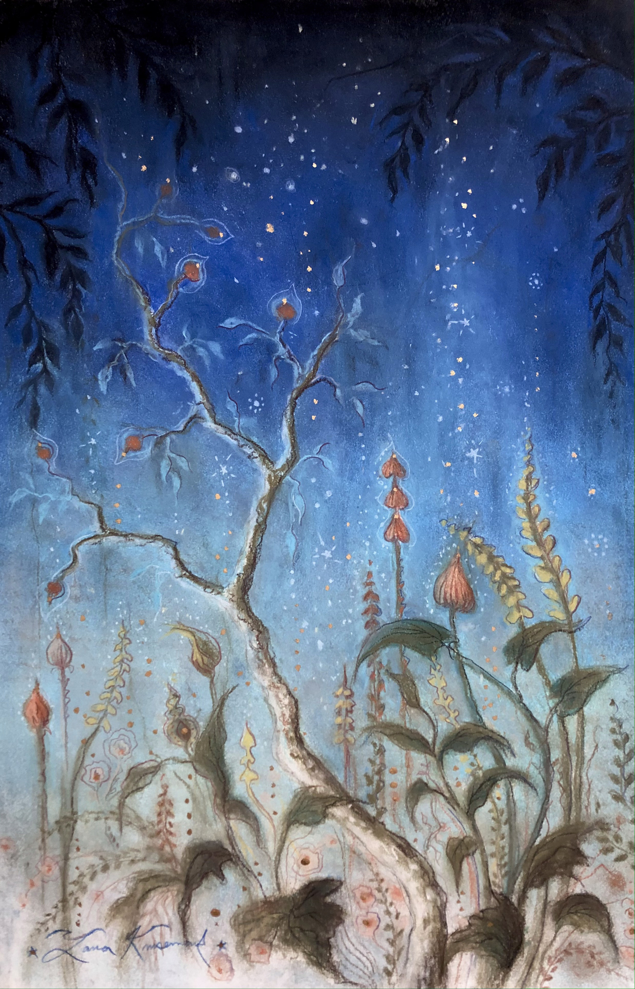 Garden Nocturne, tree and plants under starry blue sky, botanical night scene, 2022 pastel painting on paper by Laura L. Krusemark