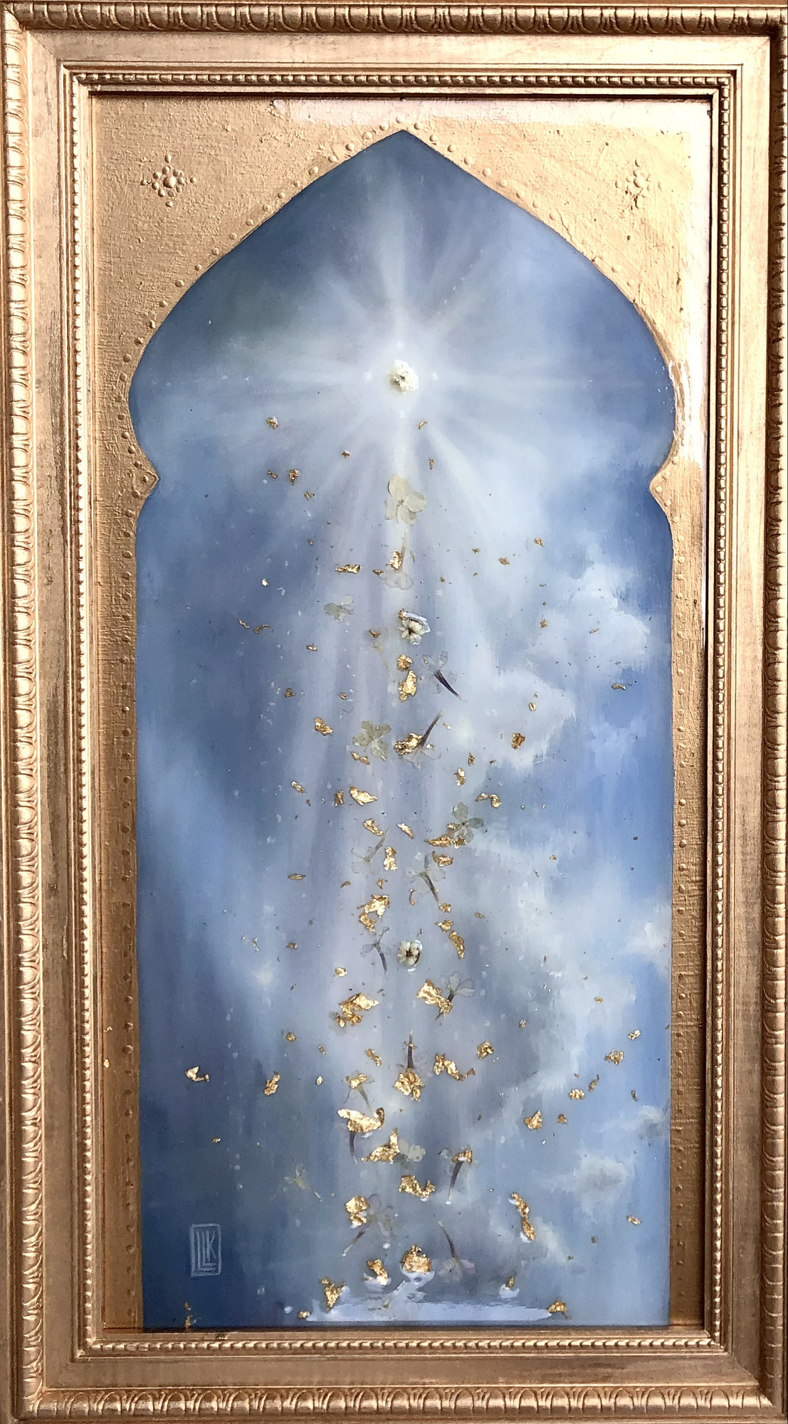 The Golden Age, arched window with glowing light and floating gold fragments, 2022 oil painting on wood panel by Laura L. Krusemark