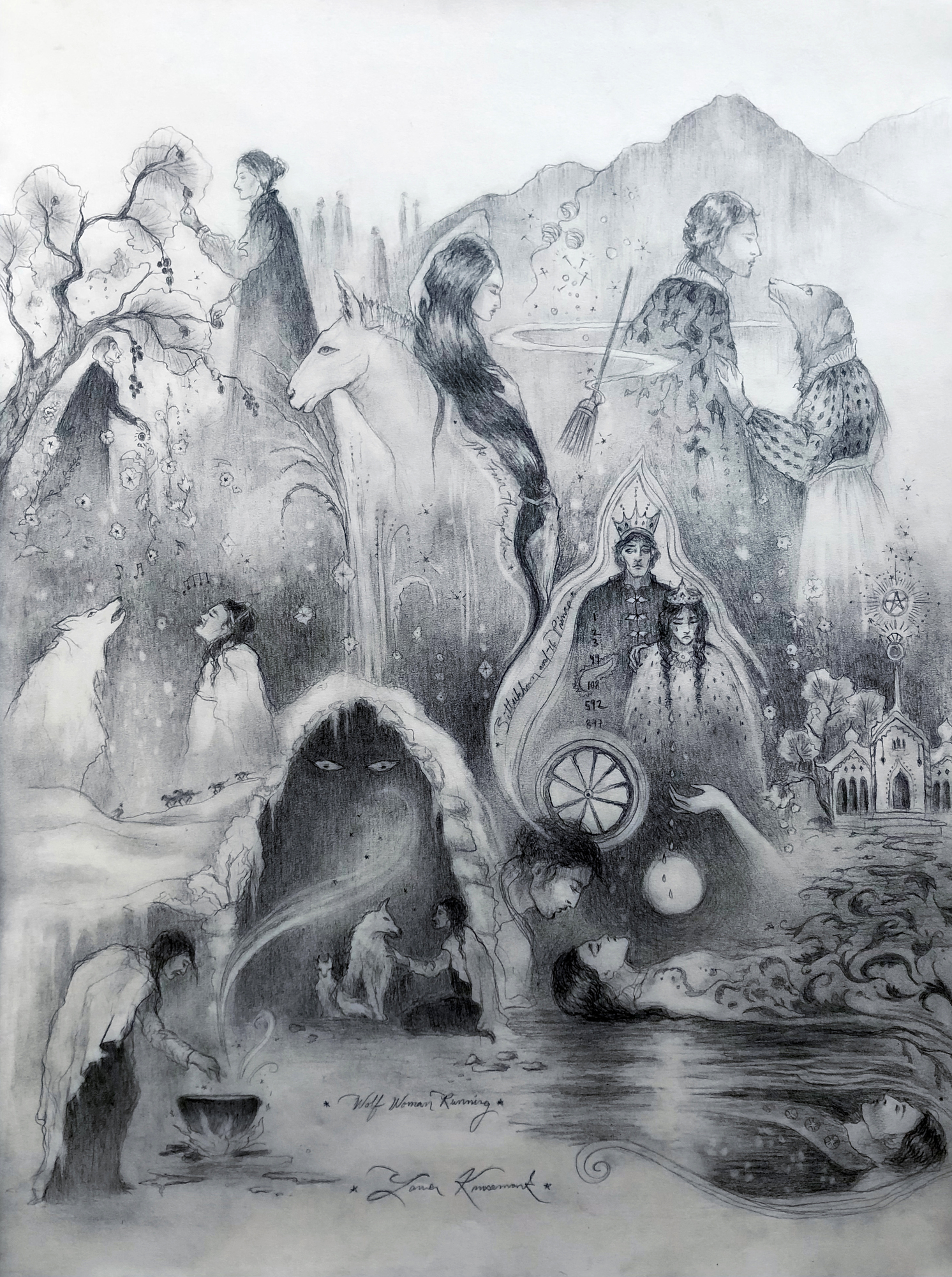 In the Time of Witches, multi scene composition with figures, animals, carriage, water and mountains, 2022 pencil painting on paper by Laura L. Krusemark