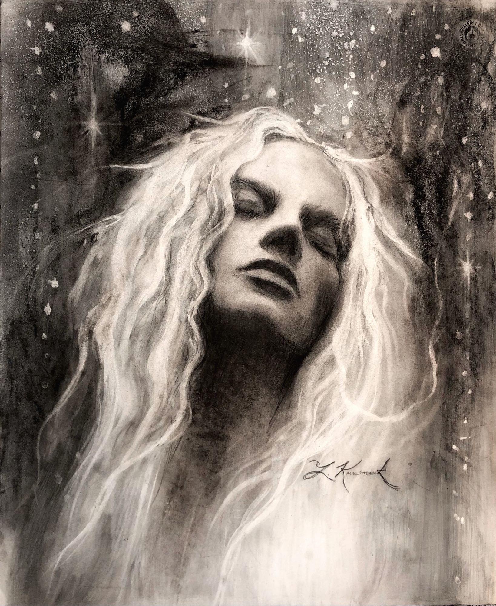 Angel of Light, woman with long white hair head tilted back in dark textured background, 2023 charcoal painting on paper by Laura L. Krusemark