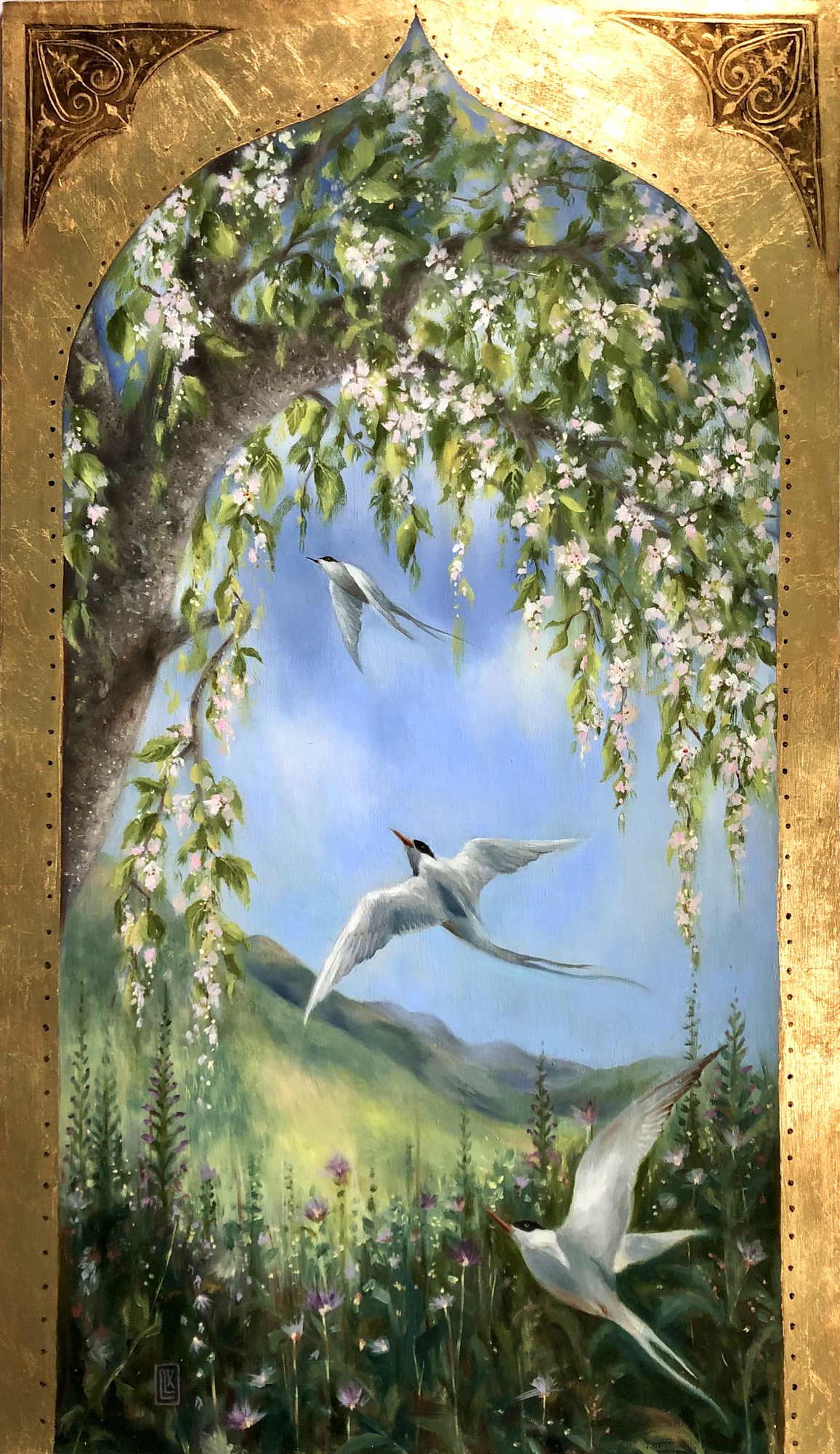 Spring Awakening, arched landscape with flowering tree and birds flying over green hills, 2023 oil painting on wood panel by Laura L. Krusemark