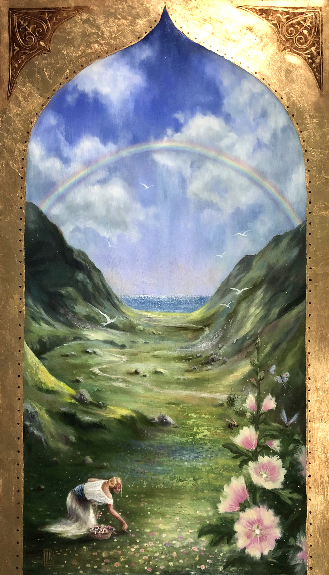 The Summerlands, arched landscape with rainbow over green valley and woman picking flowers, 2023 oil painting on wood panel by Laura L. Krusemark