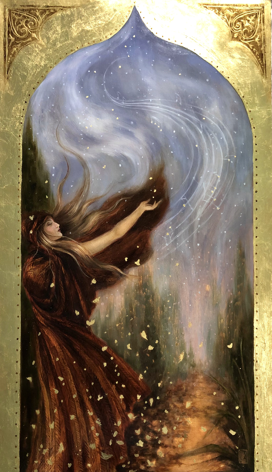 Autumn Windsong, woman reaching upward with flowing hair and swirling light in forest path, 2023 oil painting on wood panel by Laura L. Krusemark