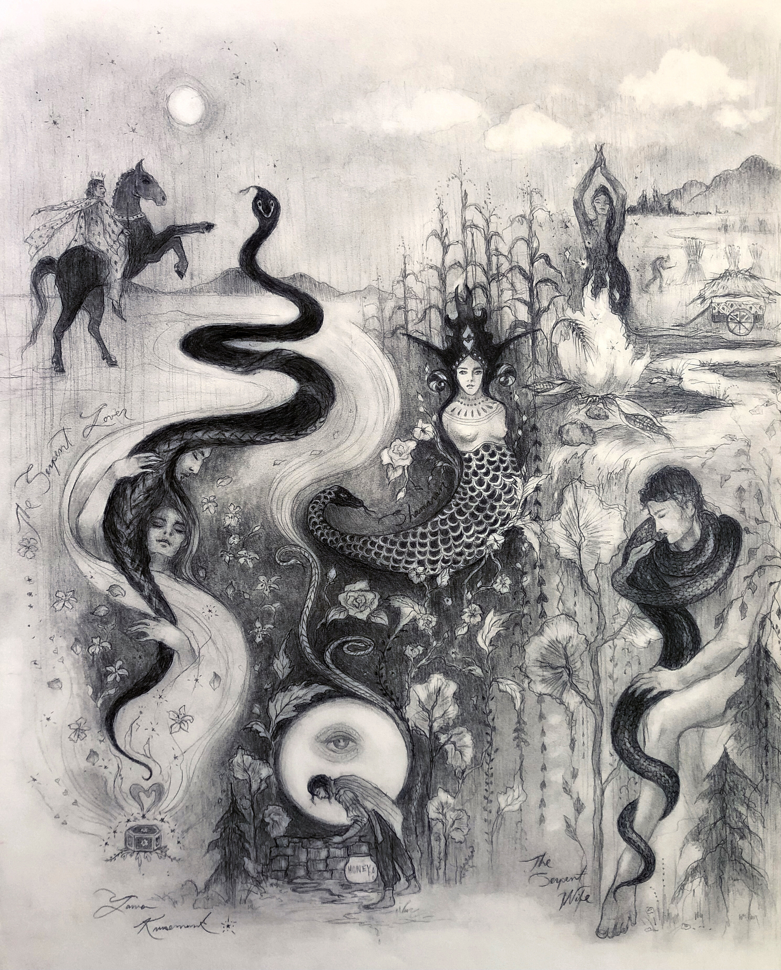 Soaring Serpents, graphite drawing featuring snakes from different fairytale stories from around the world, 2023 pencil painting on paper by Laura L. Krusemark