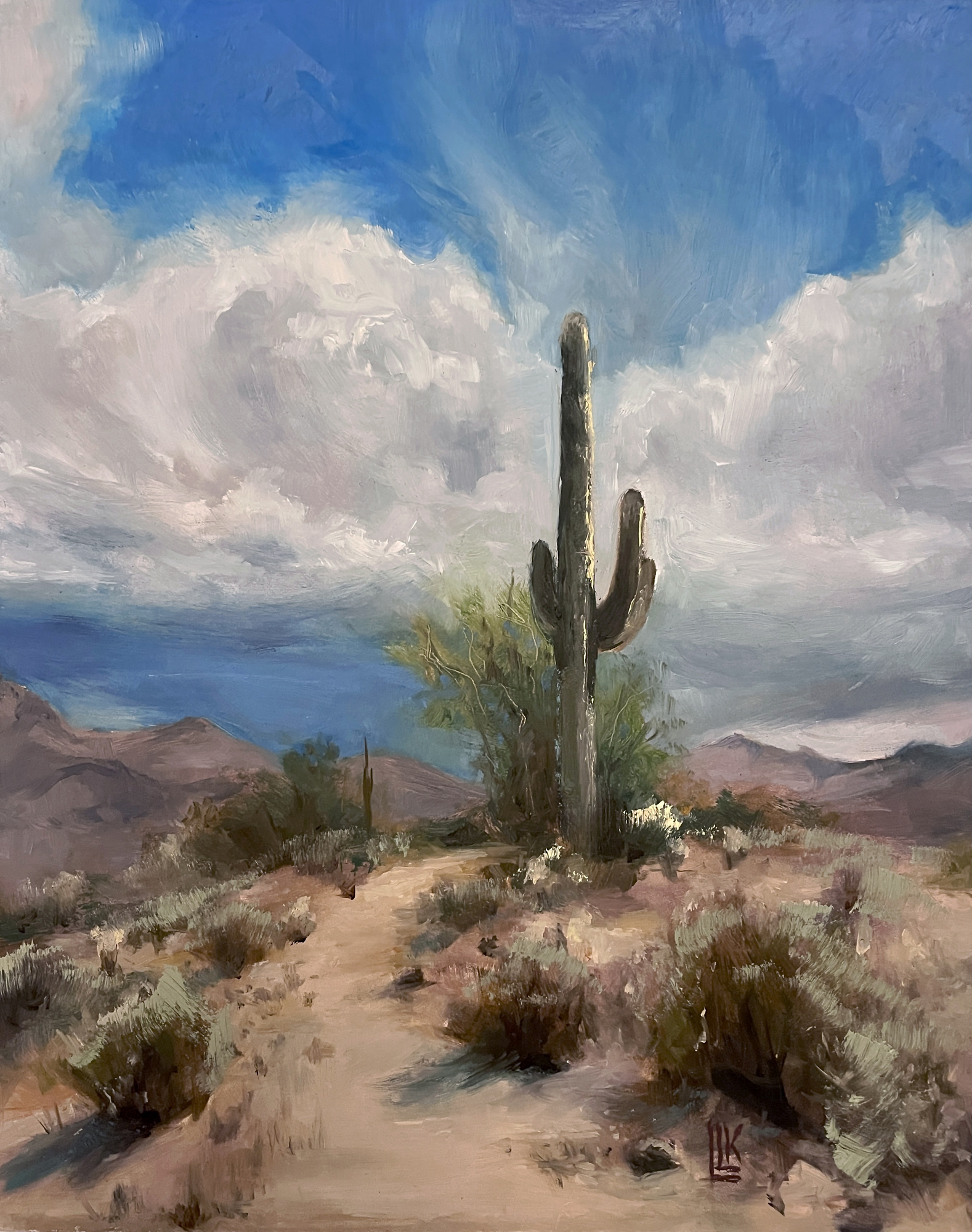 The Saguaro, large single Saguaro cactus stands among the sage and brush in a sunny landscape of the Cave Creek Arizona area, 2024 oil painting on wood panel by Laura L. Krusemark