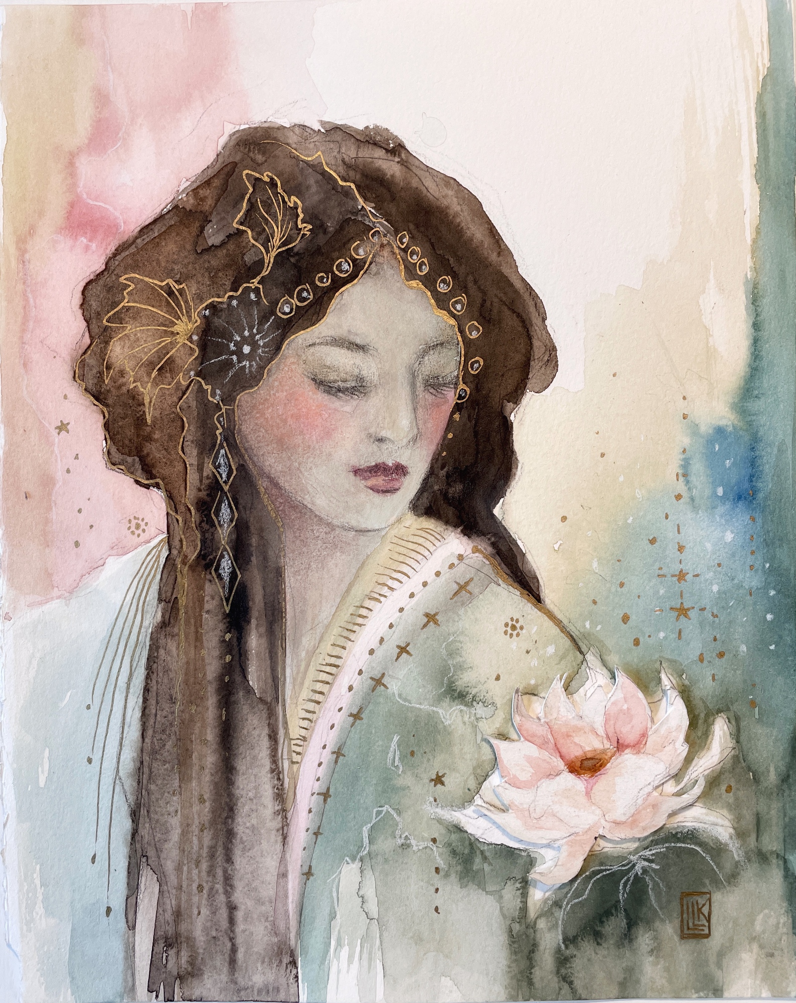 Lotus Lady, watercolor portrait of a young Asian lady with a lotus flower with soft gold, green, and pink colors around her, 2025 watercolor painting on paper by Laura L. Krusemark