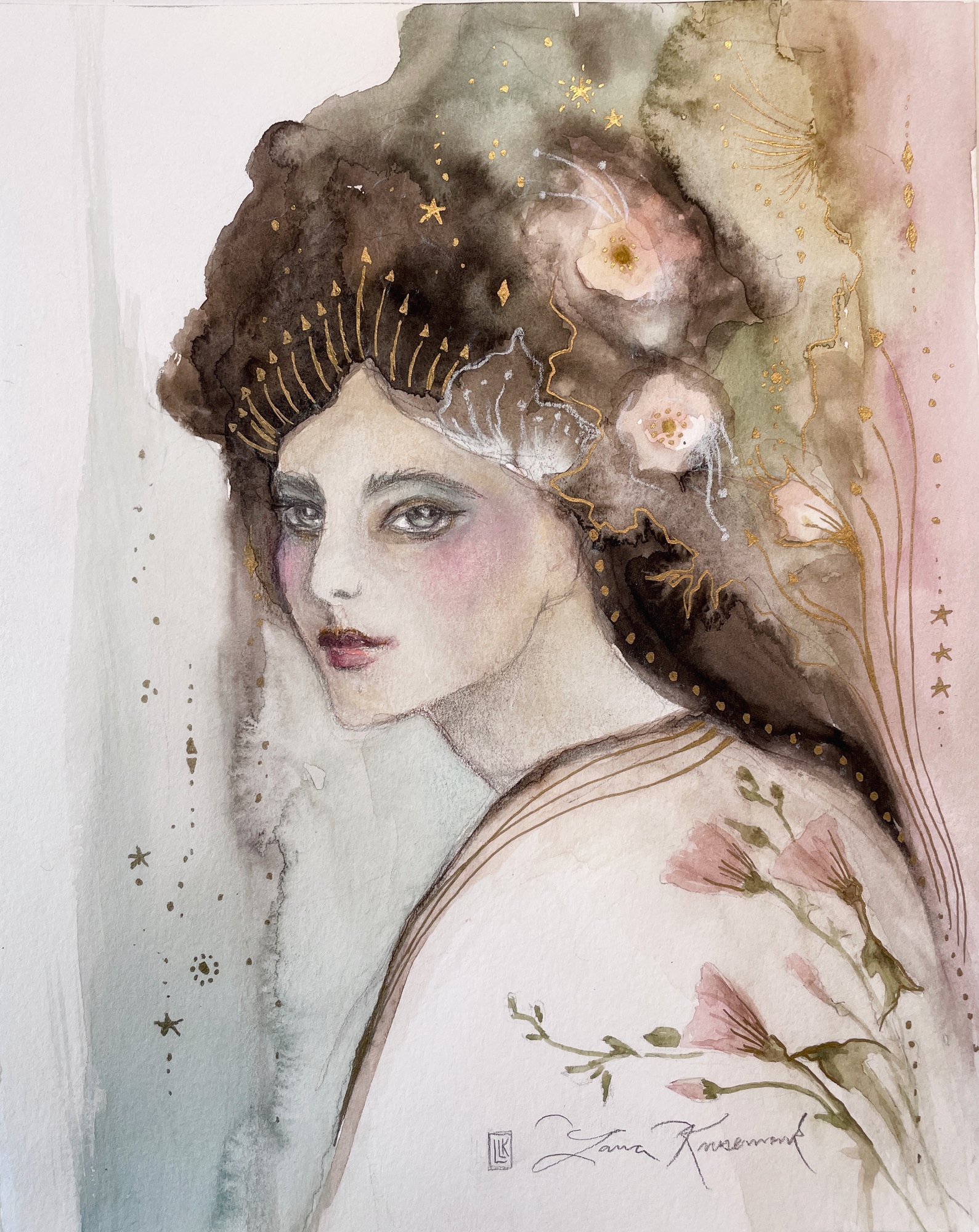 Guinevere Star of the floral elementals, watercolor portrait of a lady with gold and green and delicate floral designs, 2025 watercolor painting on paper by Laura L. Krusemark