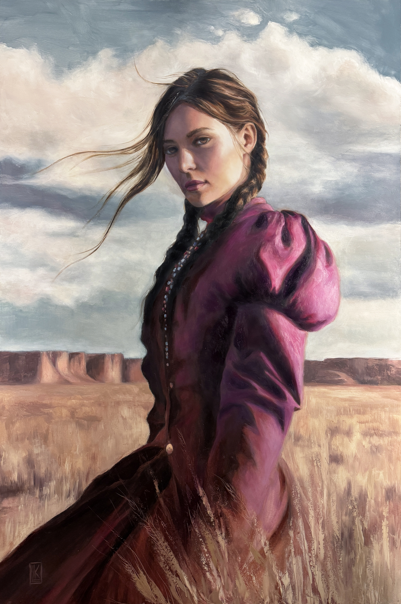 Medicine Woman, young woman dressed in a vintage 1890’s style crimson dress with puffed sleeves against the Vermillion Cliffs of Arizona on a windy day, 2025 oil painting on wood panel by Laura L. Krusemark