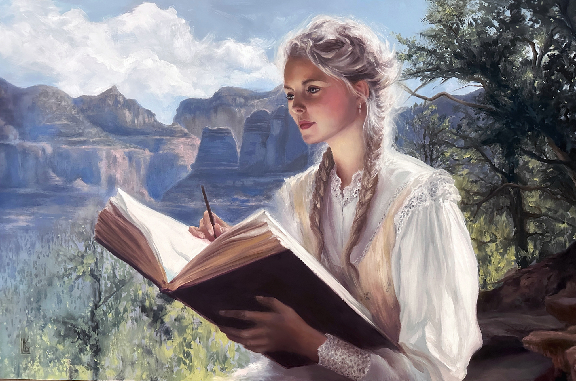 Sedona Reverie, young woman with blonde braids dressed in the 1890’s clothing style reading or sketching in a large book against the background of the Sedona, Arizona mountains, 2025 oil painting on wood panel by Laura L. Krusemark