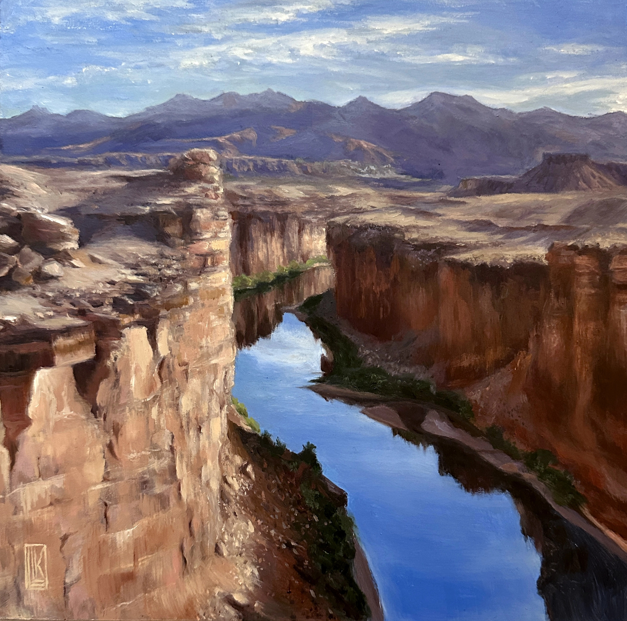 The Way of Water, colorado river reflecting the sky and weaving through the red rock canyon walls near Page, Arizona at the Navajo Bridge, 2025 oil painting on wood panel by Laura L. Krusemark